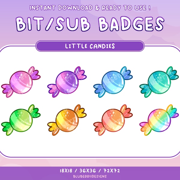 8 Candy Sub or Bit Badges for Twitch Stream Discord Role Youtube - Pastel Wrapped Candy Rainbow Celestial Sparkle Food Sweets Theme Kawaii