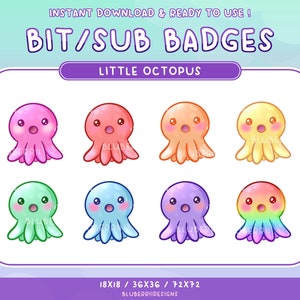8 Octopus Sub or Bit Badges for Twitch Stream Discord Role - Youtube Pastel Ocean Rainbow Celestial Sparkle Sea Creature - Content Creator