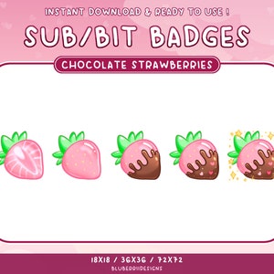 5 Chocolate Strawberry Sub or Bit Badges for Twitch Stream Discord Role - Pastel Pink Fruit Theme Valentines Love Sparkles Cottagecore Theme