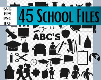 45 School Files, Digital Download Files, SVG, eps, dxf, png files included. Cricut Files, Silhouette Files, Scrapbooking, Vinyl Crafts