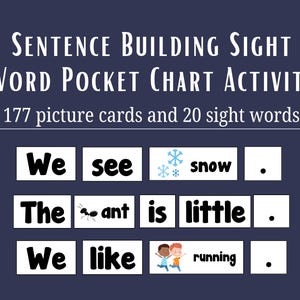 May include: A navy blue educational chart with the text "Sentence Building Sight Word Pocket Chart Activity." It includes example sentences with sight words and picture cards. The chart has 177 picture cards and 20 sight words.