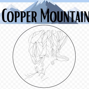 May include: A black and white line drawing of a mountain range, labeled "COPPER MOUNTAIN", inside a circle.