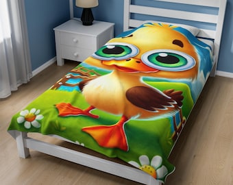 Adorable Duck Velveteen Plush Blanket, Cozy Throw, Nursery Decor, Cute Child Gift, Snuggly Soft Blanket