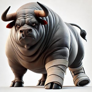 Puede incluir: Un toro gris con un anillo en la nariz, las patas vendadas y una expresión decidida. El toro está de pie sobre un fondo blanco.