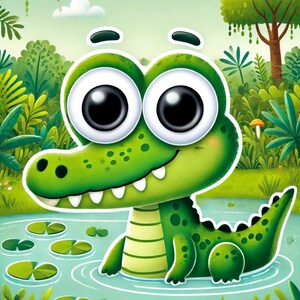 Può includere: Un'illustrazione di cartone animato di due coccodrilli verdi con occhi grandi e sorrisi beffardi. I coccodrilli si trovano in un ambiente paludoso con ninfee e funghi.
