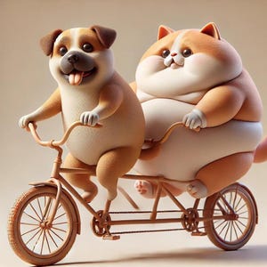 以下が含まれることがあります： 茶色と白の犬と茶色と白の猫が一緒に茶色の自転車に乗っています。犬は前、猫は後ろです。