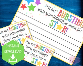 Bursting With Knowledge Shine Like a Star | Testing Motivation Notes to Students | Note of Encouragement | End of Year Treat Lunchbox Notes