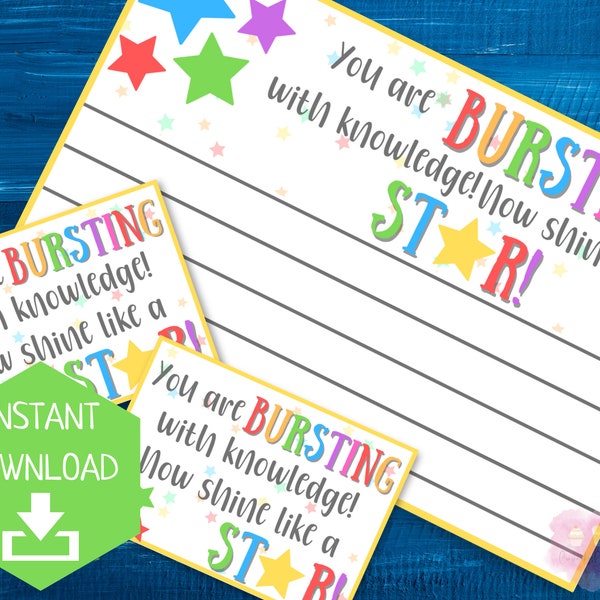 Bursting With Knowledge Shine Like a Star | Testing Motivation Notes to Students | Note of Encouragement | End of Year Treat Lunchbox Notes