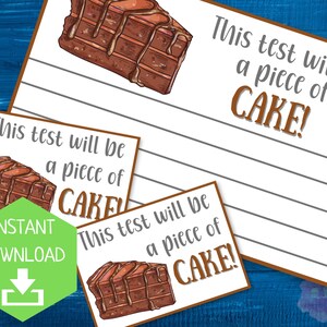 May include: White paper with the text "This test will be a piece of CAKE!" and a drawing of a chocolate cake. A green hexagon with the words "INSTANT DOWNLOAD" is also present.