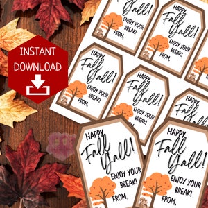 Etiqueta de presente Happy Fall Y'all | Etiquetas de guloseimas para as férias de outono | Nota para alunos ou funcionários | Presente de outono | Ideia de presente para professores | Etiqueta para impressão