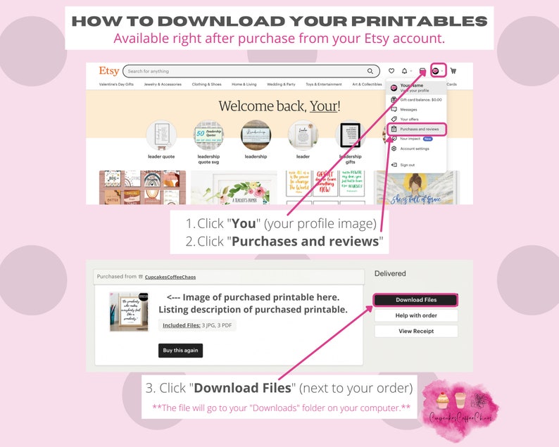 Op de afbeelding: Een roze en witte afbeelding met instructies over het downloaden van digitale printables van Etsy. De afbeelding toont een screenshot van de Etsy-website met een roze pijl die wijst naar het gedeelte "Aankopen en beoordelingen". De afbeelding toont ook een screenshot van een printable-listing met een roze pijl die wijst naar de knop "Download bestanden".