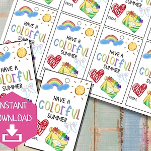 Etiqueta de regalo colorida para el verano / Etiqueta de regalo de fin de año / Etiqueta de regalo con crayones / Idea de regalo para estudiantes o maestros / Etiqueta imprimible