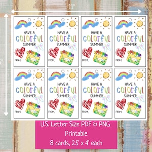 K&ouml;nnte beinhalten: Acht druckbare Geschenkanh&auml;nger mit einem bunten Regenbogen, Sonne, Schmetterling, Herz und einer Schachtel mit Buntstiften. Die Anh&auml;nger zeigen den Text "Have a Colorful Summer" und haben einen Platz zum Schreiben von "From:".