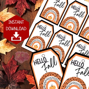Etiqueta de presente Hello Fall | Etiquetas de guloseimas de arco-íris de leopardo de abóbora | Bilhete fofo para alunos ou funcionários | Presente de outono | Ideia de presente para professor | Etiqueta para impressão