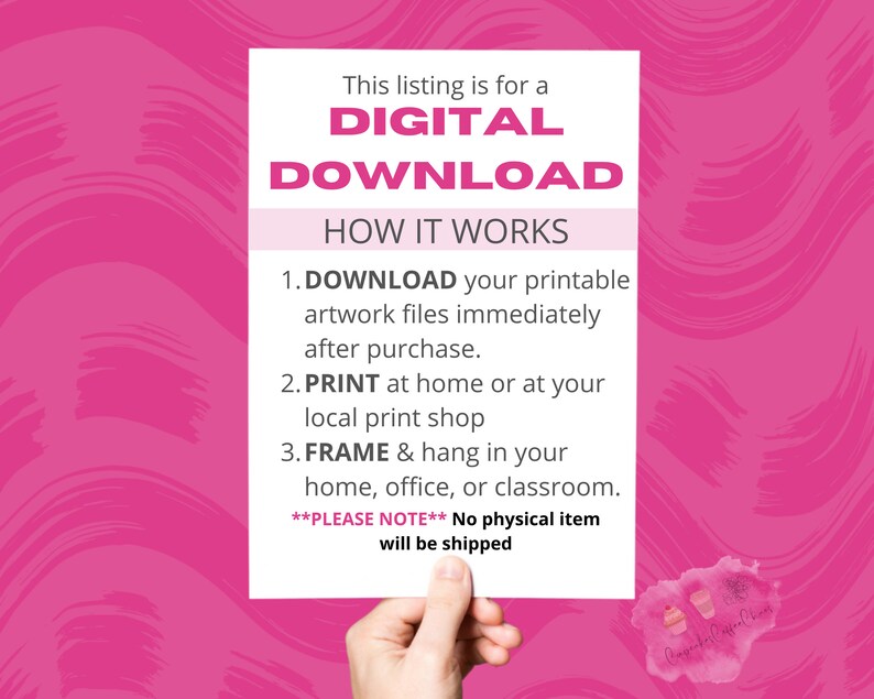 Op de afbeelding: Een witte kaart met roze tekst die uitlegt dat deze vermelding voor een digitale download is. De tekst legt uit hoe je de afdrukbare afbeelding kunt downloaden, afdrukken en inlijsten. De kaart luidt "Deze vermelding is voor een DIGITALE DOWNLOAD HOE HET WERKT 1. DOWNLOAD uw afdrukbare afbeeldingen direct na aankoop. 2. PRINT thuis of bij uw lokale printshop 3. LIJST in en hang het op in uw huis, kantoor of klaslokaal. **LET OP** Er wordt geen fysiek item verzonden"