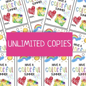 K&ouml;nnte beinhalten: Druckbare Geschenkanh&auml;nger mit einem farbenfrohen Sommerthema. Die Anh&auml;nger zeigen ein Herz, einen Schmetterling, einen Regenbogen, eine Sonne und eine Schachtel mit Buntstiften. Der Text auf den Anh&auml;ngern lautet "Have a Colorful Summer".