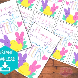 May include: White cards with the text "Happy Spring to one of my favorite PEEPS" in colorful script. The cards feature illustrations of yellow chicks, purple and pink bunnies, and hearts. A teal hexagon with "INSTANT DOWNLOAD" is in the corner.