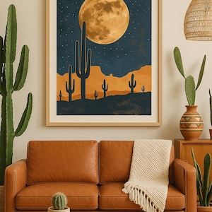 Desert Wall Art Print | Boho Cactus and Moon Artwork | Southwest Celestial Landscape | Digital Download Home Décor