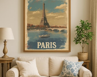 Vintage Paris Travel Poster: Eiffel Tower Retro Art Print (Digital Download)