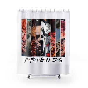 Halloween Friends Shower Curtain 71&quot; × 74&quot; - Jigsaw - Chucky - Scream - Jason - Michael - Freddy