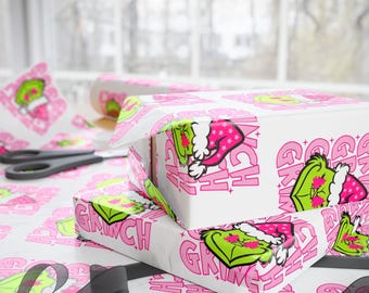 Pink Grinchy Festive Wrapping Paper, Fun Gift Wrap, Holiday Decor, Christmas Wrapping, Cheerful Party Supplies, Cute Gift Presentation