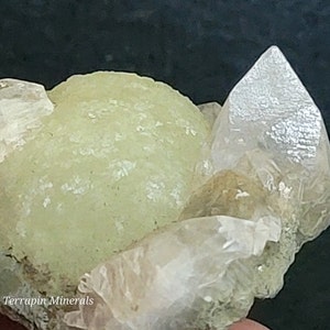 Prehnite with choice calcite crystal!! - Prospect Park Quarry, Sussex Co, New Jersey