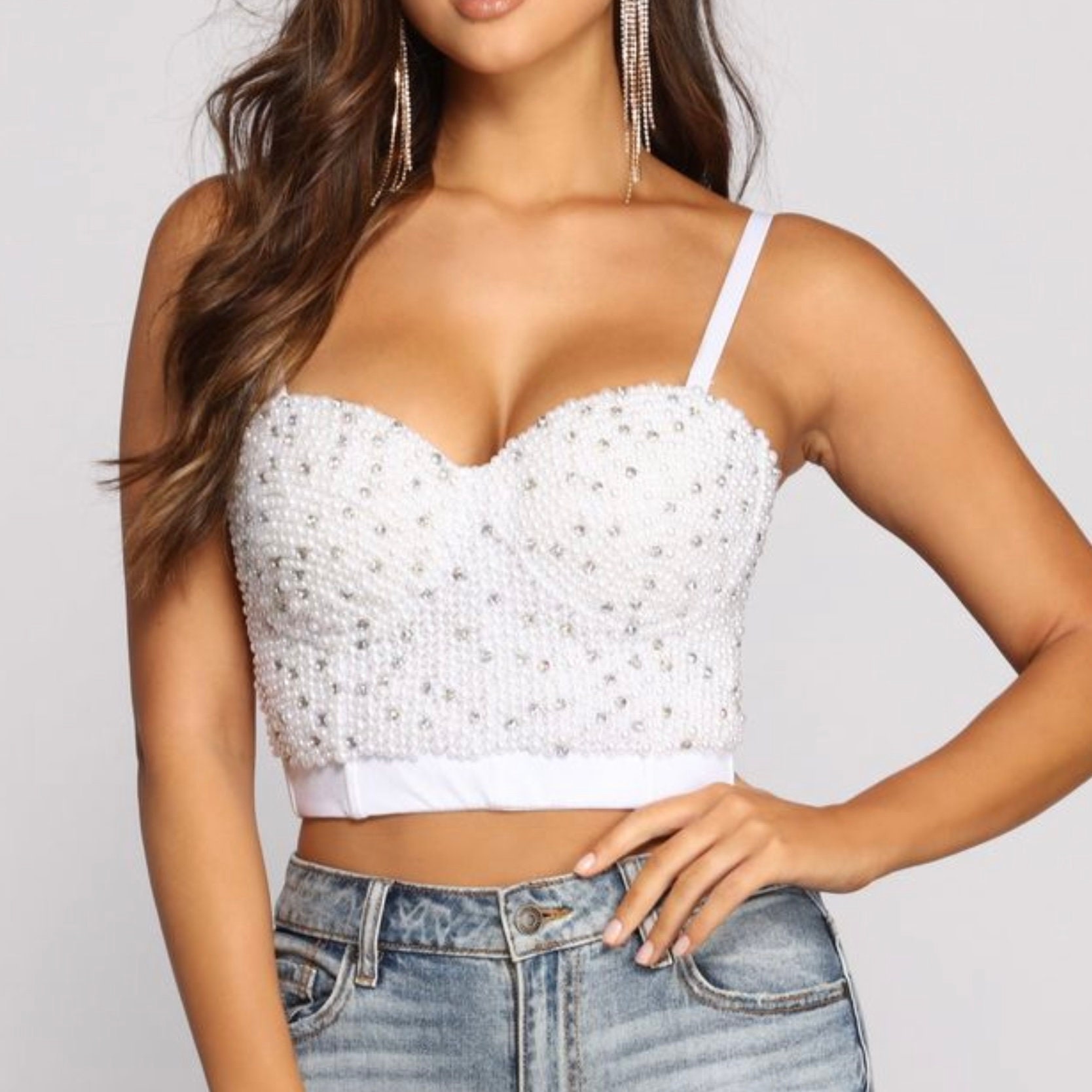 YYDGH Womens Pearl Beaded Bustier Crop Top Spaghetti Strap Corset Top Club  Party White M