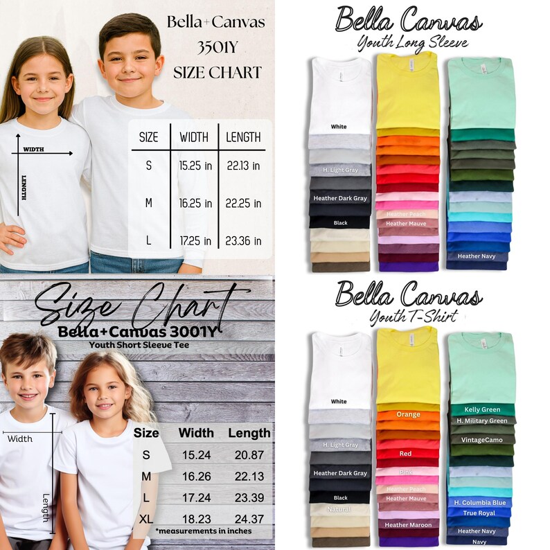 May include: Image features a size chart for Bella+Canvas youth t-shirts and long sleeve shirts. The chart includes measurements in inches for sizes S, M, L, and XL. Color options are displayed, including white, yellow, and various shades.