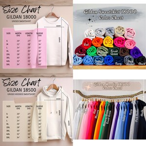 May include: Image features size charts for Gildan 18000 and 18500 unisex sweatshirts and hoodies, with measurements in inches. Color charts for both styles are also displayed, showcasing a variety of colors like red, navy, and black.