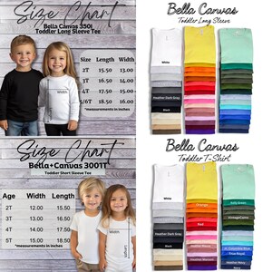 May include: Image features size charts for Bella Canvas toddler long sleeve and short sleeve tees, with measurements in inches. Color swatches of available shirts are displayed, including white, gray, black, and various other colors. Two children model the shirts.