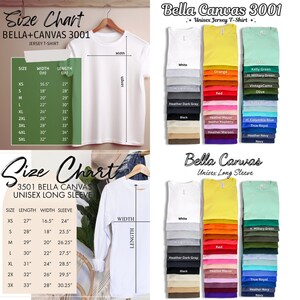 May include: Image features size charts for Bella+Canvas 3001 Jersey T-shirts and Unisex Long Sleeve shirts. Charts display measurements in inches for width, length, and sleeve length. Color swatches of available shirt colors are also shown.