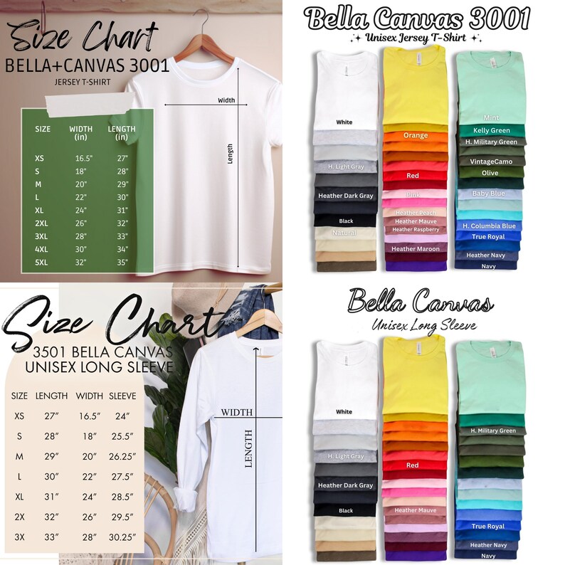May include: Image features size charts for Bella+Canvas 3001 Jersey T-shirts and Unisex Long Sleeve shirts. Charts display measurements in inches for width, length, and sleeve length. Color swatches of available shirt colors are also shown.