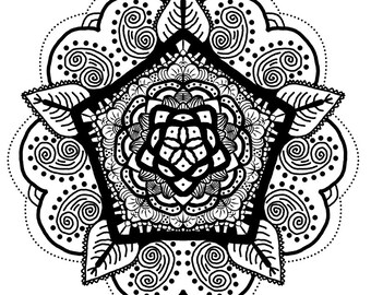 May include: Black and white mandala design with intricate details and a five-pointed star shape in the center.