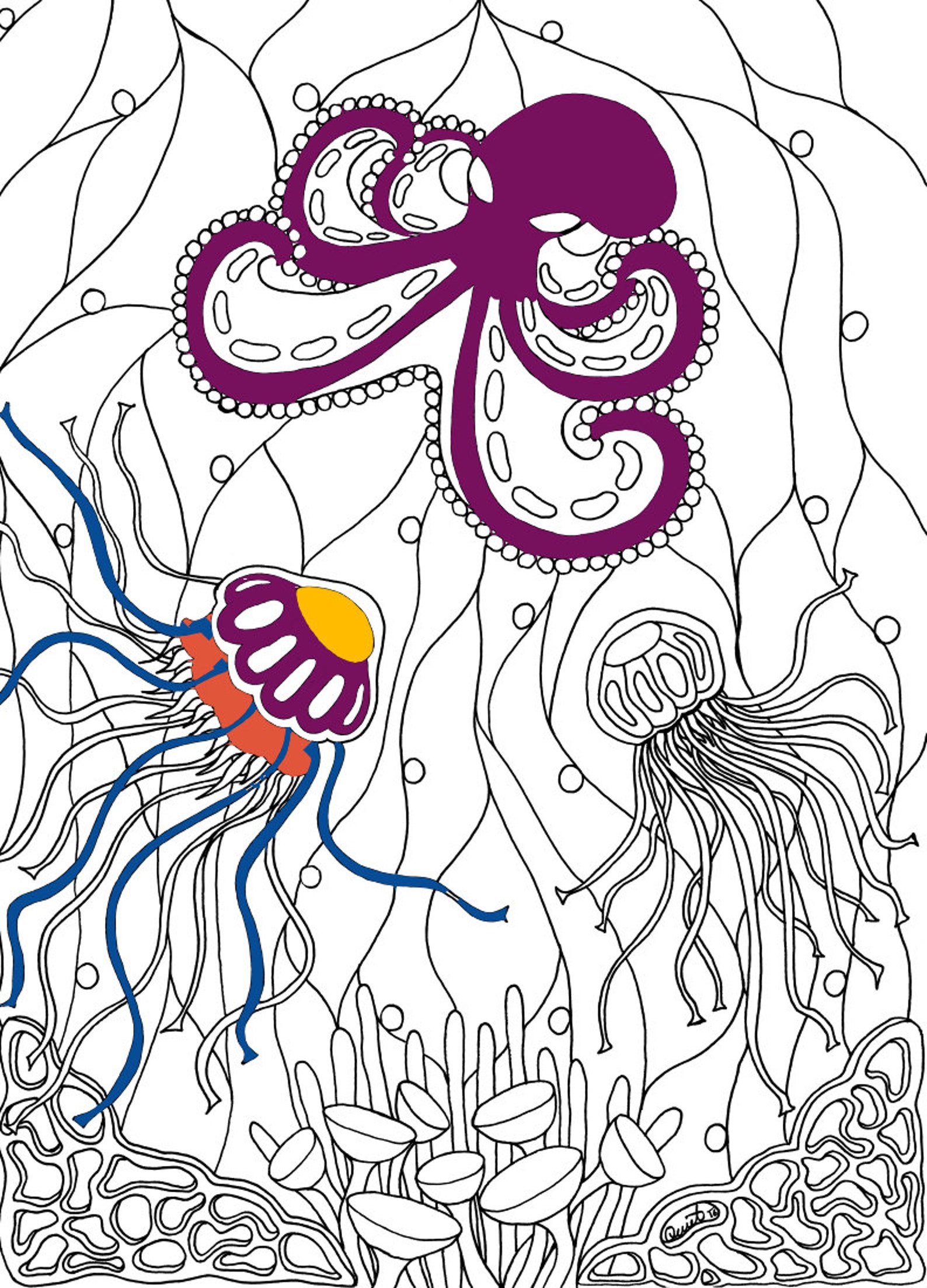 Octopus and Jellyfish Printable Coloring Page - Etsy