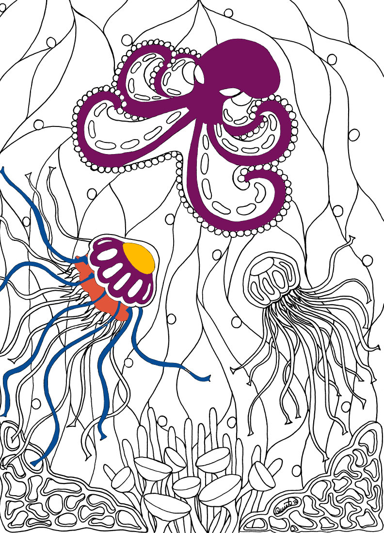 Octopus and Jellyfish Printable Coloring Page - Etsy