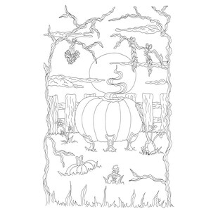 Puede incluir: Ilustración en blanco y negro de una escena de calabazas. Una calabaza grande está en un campo con una valla, una luna y árboles. Calabazas más pequeñas y una figura están en primer plano. El dibujo es un trazo.