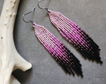 Handmade Ombre Beaded Fringe Earrings: Pink, Purple, and Black