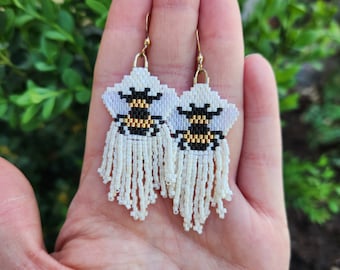 Bumble Bee Beaded Earrings: Cream Seed Bead Fringe, Boho Jewelry