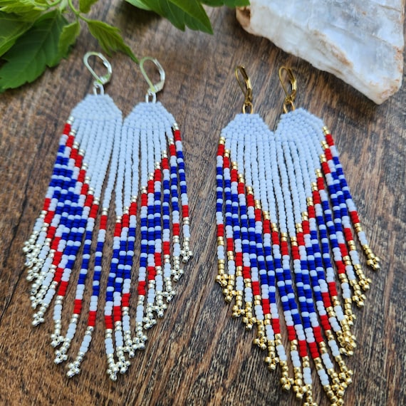 Hand-Woven Patriotic Seed Bead Fringe Earrings: American Pride