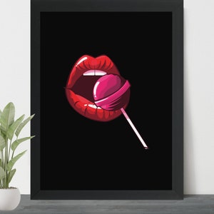 Pop Art Printable, Lips with Lollipop Wall Art Decor, Black and Red Pop Art Warhol Inspired Digital Download Poster