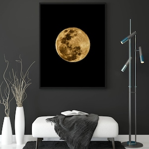 Gold Moon Wall Art Prints, Moon Wall Decor Picture Bedroom, Moon Decor Home Black and Gold Digital Download
