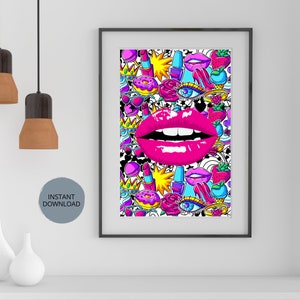 Pop Art Lips Printable, Graffiti Wall Art Decor, Pink Lips Digital Download Poster