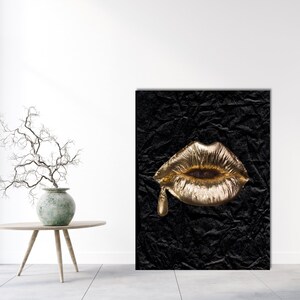 Gold Lips Digital Wall Art,gold Lips Digital Print Design, Black Large ...