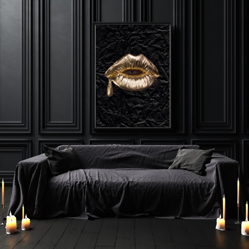 Gold Lips Digital Wall Art,gold Lips Digital Print Design, Black Large ...