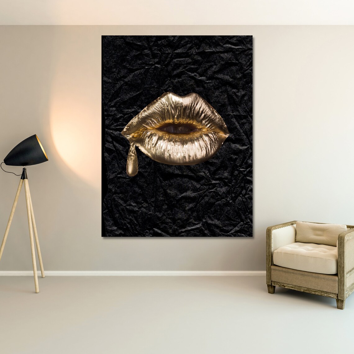 Gold Lips Digital Wall Art,gold Lips Digital Print Design, Black Large ...