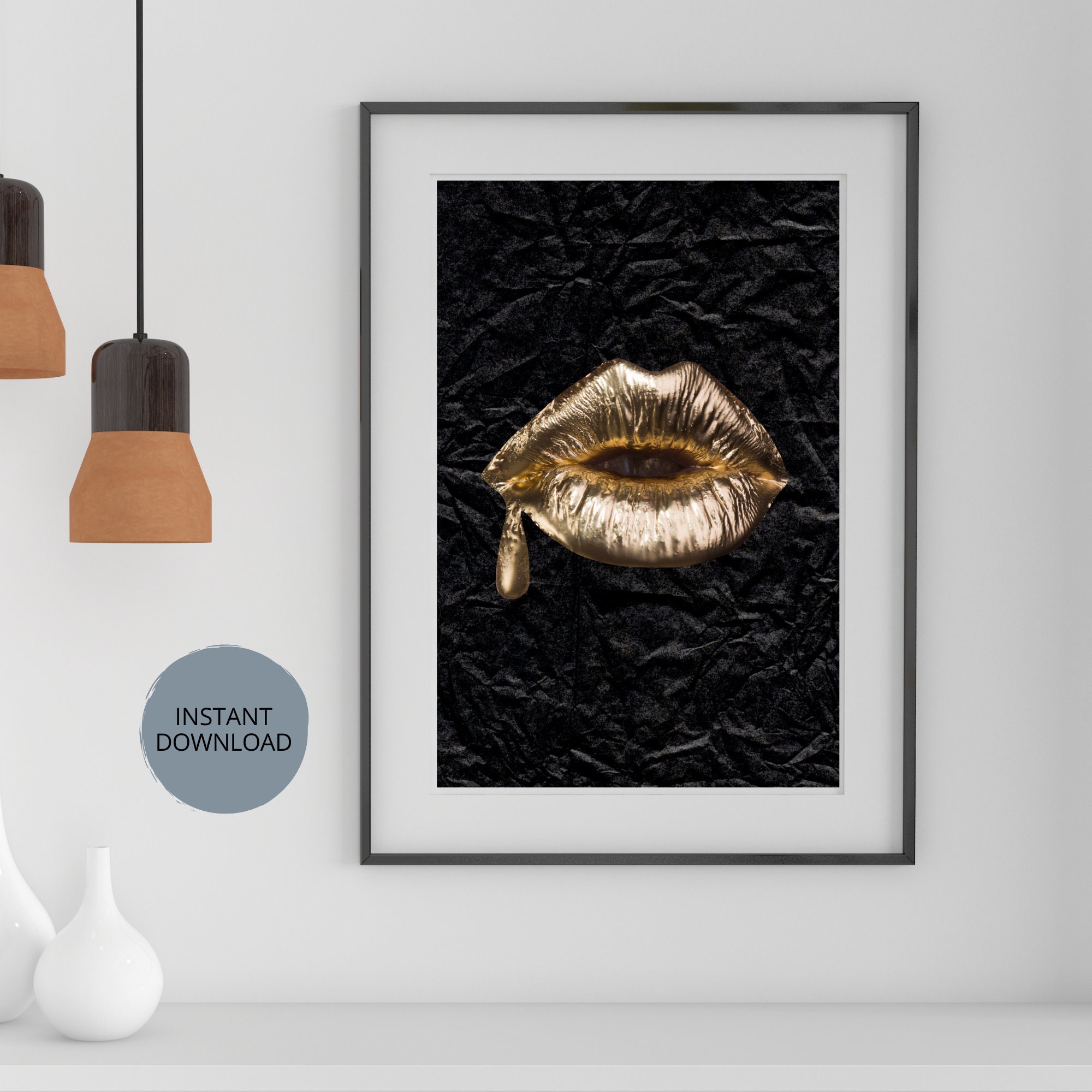Gold Lips Digital Wall Art,gold Lips Digital Print Design, Black Large ...