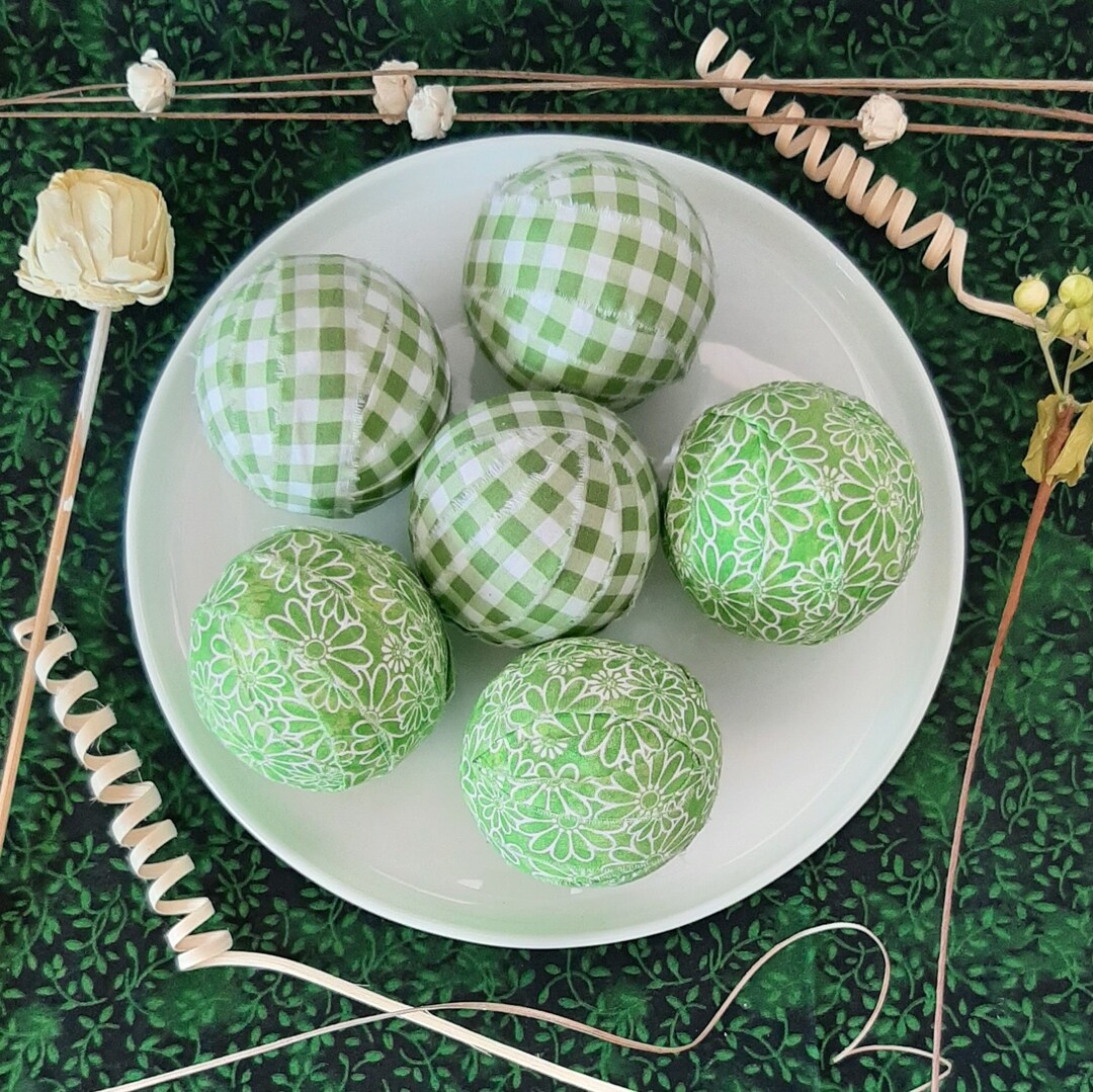 Light Green Rag Balls Large 3 Inch, Set of 6 Lime Green and White Decor