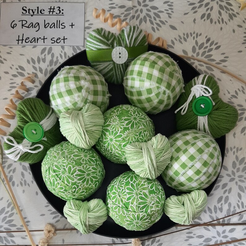 Light Green Rag Balls Large 3 Inch, Set of 6 Lime Green and White Decor