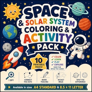 Puede incluir: Un paquete de actividades y colorear del espacio y sistema solar con 10 páginas imprimibles. La portada azul oscuro muestra un sol, planetas, un cohete y un astronauta. Incluye actividades como I Spy, unir puntos, trazar nombres y laberintos en A4.