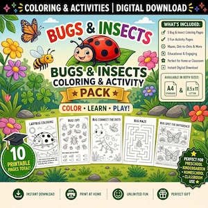 Puede incluir: Un paquete digital de colorear y actividades de insectos con una mariquita, una abeja y una mariposa. Incluye 10 páginas imprimibles con laberintos, juegos de unir puntos y buscar diferencias. Texto: 'Bugs & Insects Coloring & Activity Pack'.